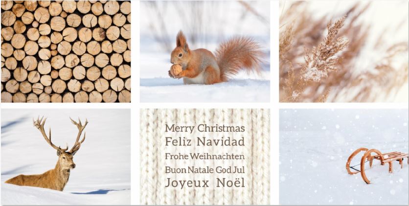 Internationale Weihnachtskarte mit winterlichen Impressionen in einer Fotocollage, DIN lang