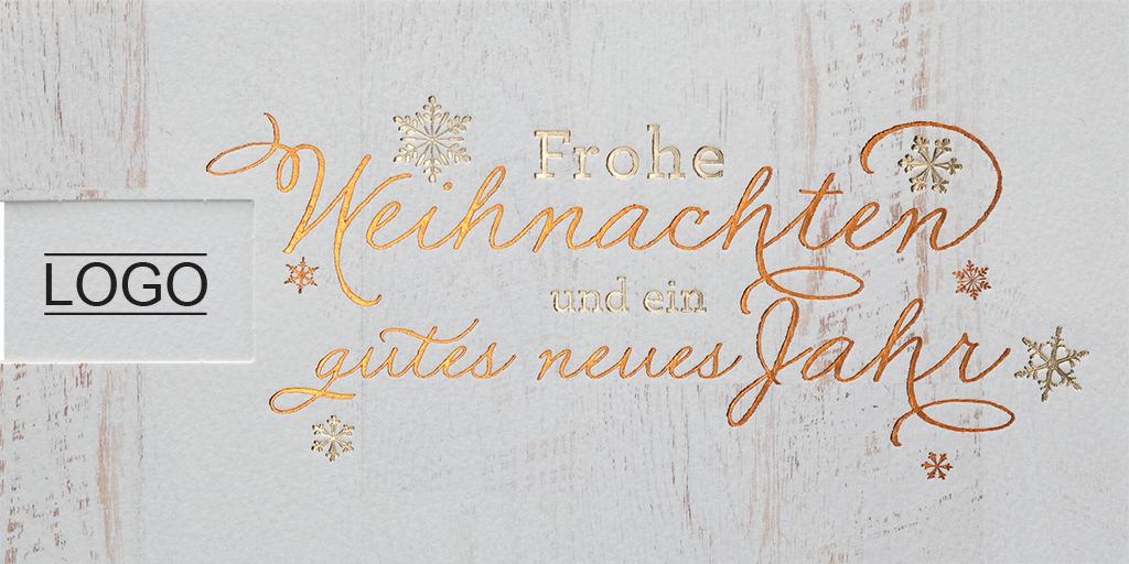 Firmen-Logo Weihnachtskarte mit Gold- und Kupferfolienprägung und gedruckter Holzstruktur