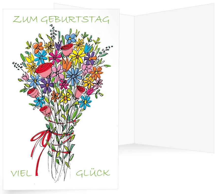 Geburtstagsglückwunschkarte mit buntem Blumenstrauß und "Viel Glück zum Geburtstag"