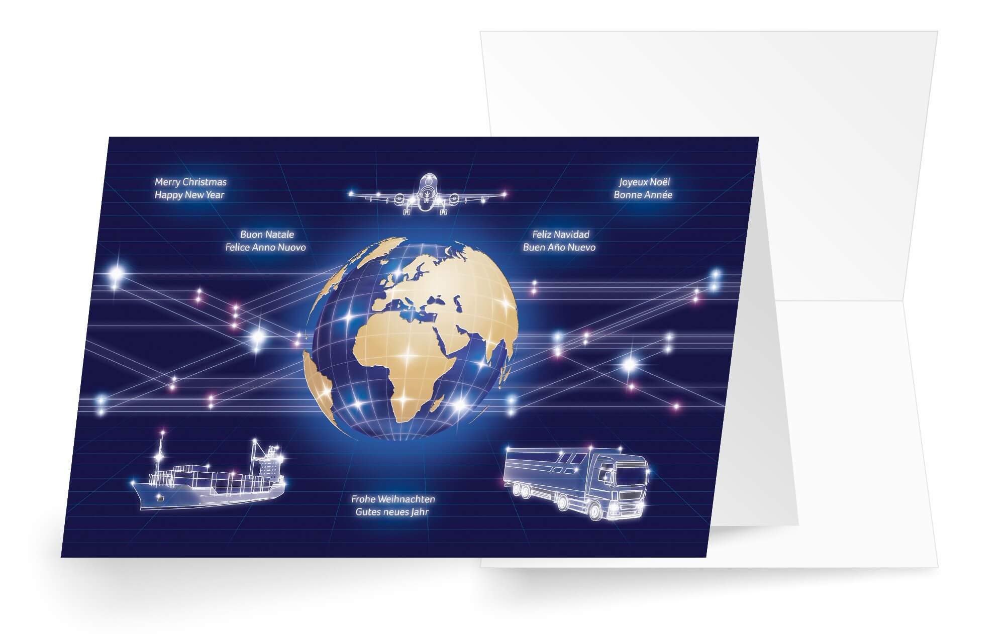 Dunkelblaue Weihnachtskarte mit Weltkugel und internationalen Grüßen für Transport und Logistik