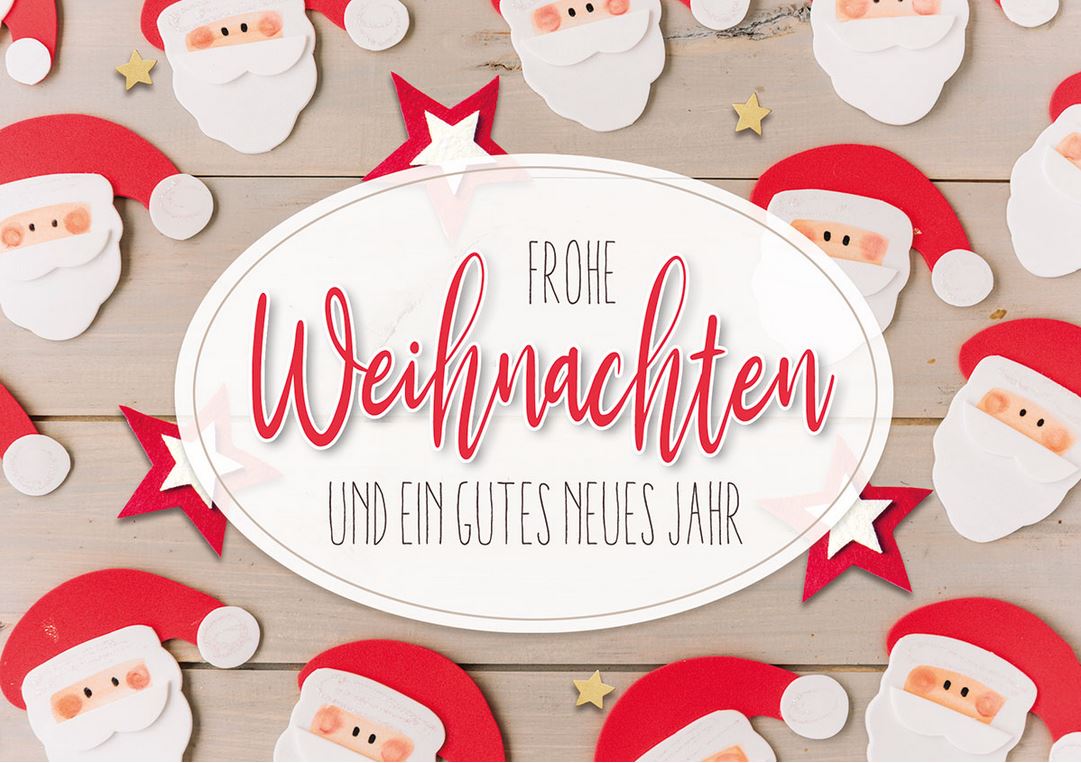 Witzige Weihnachtskarte mit fröhlichen Weihnachtsmänner, roten Mützen, Sternen und Gruß