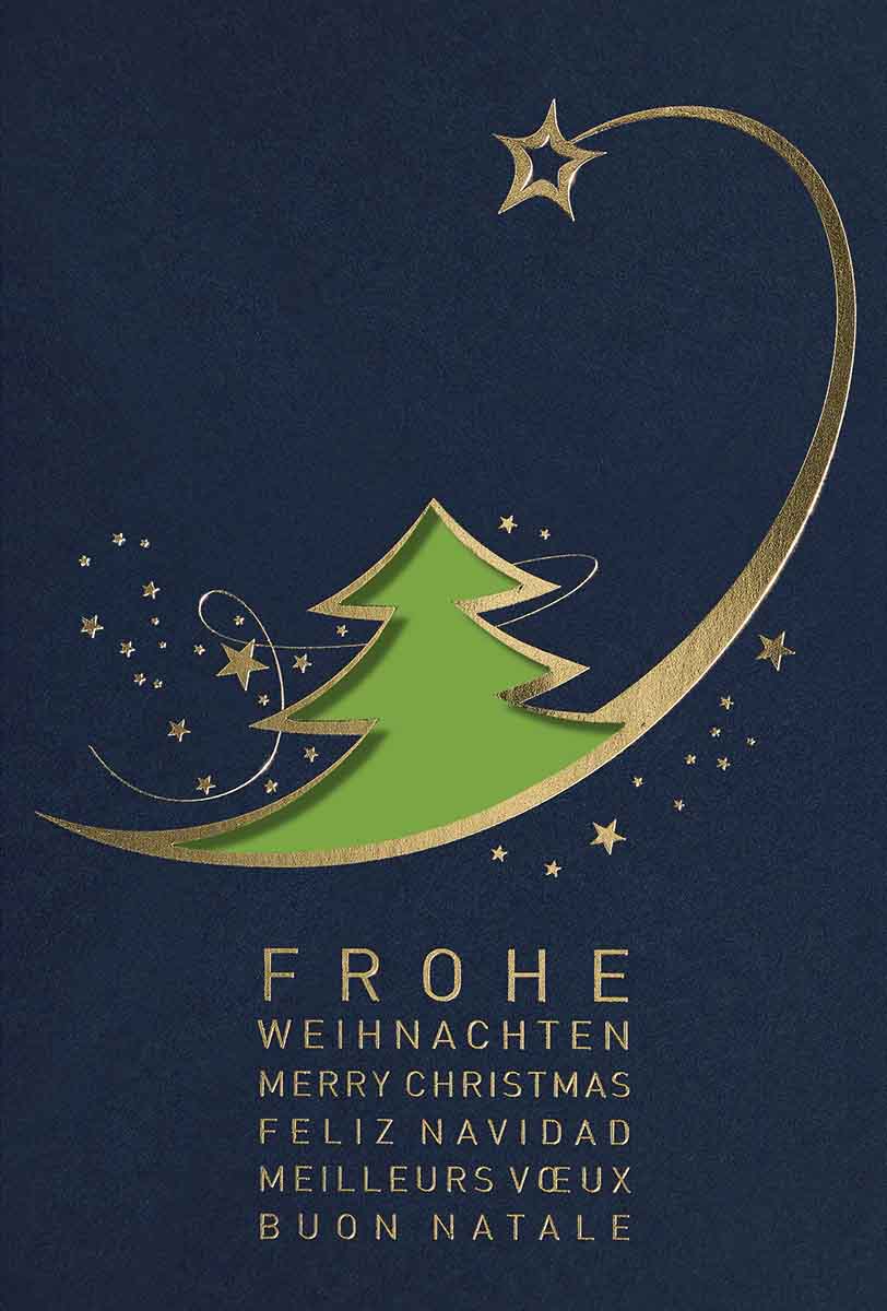 Internationale Stanz-Weihnachtskartein blau mit goldenen Sternen und hellgrünem Einlegeblatt