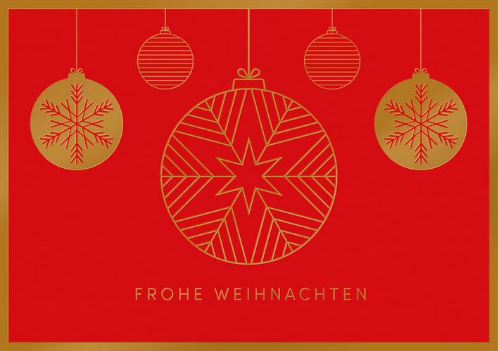 Rote Weihnachtskarte im festlichen Design mit goldenen Weihnachtskugeln und "Frohe Weihnachten"