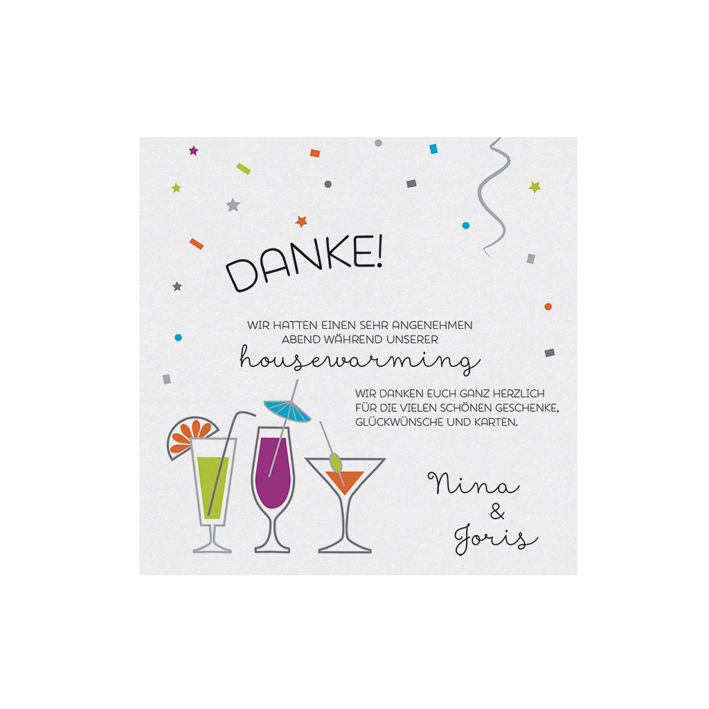 Save the Date Karte / Dankkarte in weiß mit buntem Konfetti und  Cocktailgläsern für Party