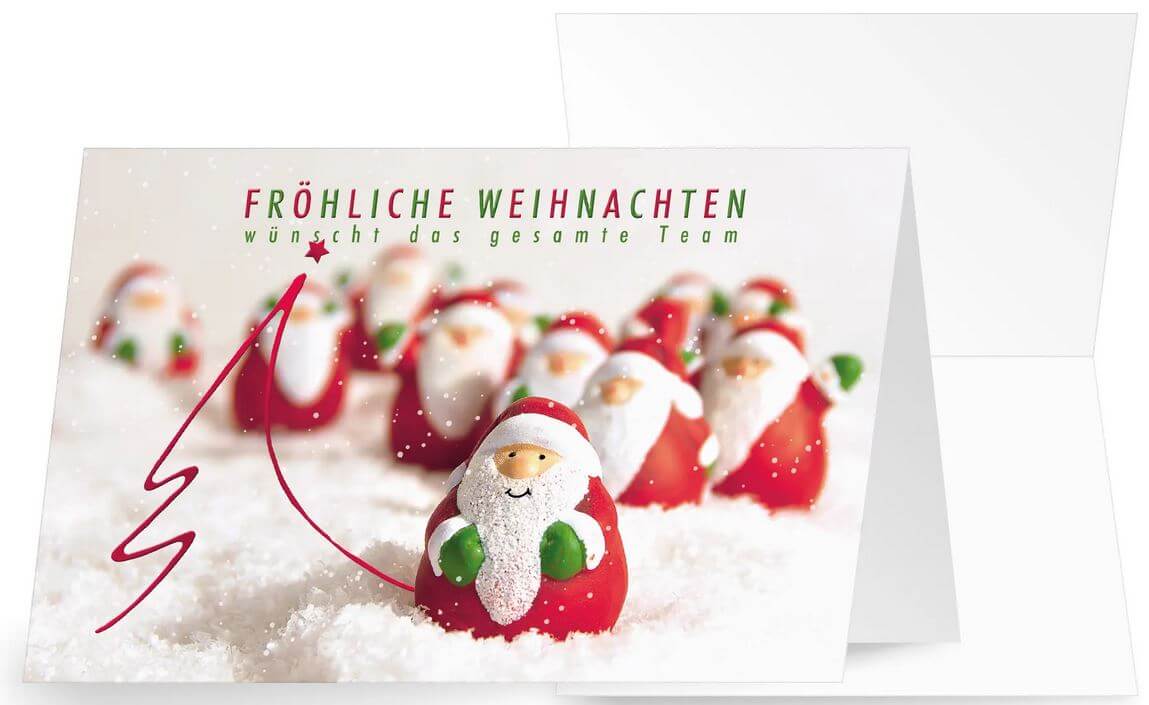 Humorvoller Team-Weihnachtsgruß mit kleinen Weihnachtsmännern im weißen Schnee