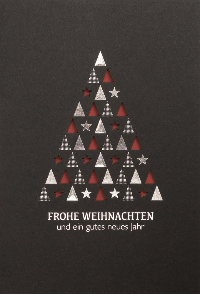 Schwarze Laserkarte mit dunkelrotem Falteinlegeblatt, Weihnachtsgruß und Silberfoliendruck