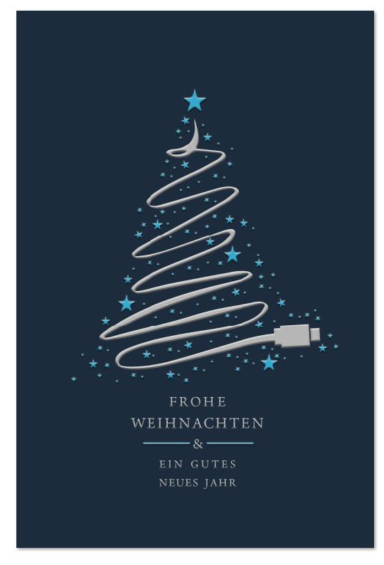 Blaue Weihnachtskarte mit silberner und türkisfarbener Folienprägung, inkl. Einlegeblatt innen