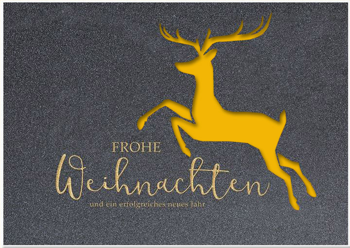 Edle Weihnachtskarte mit geschäftlichen Grüßen und springendem Hirsch, Einleger gelb