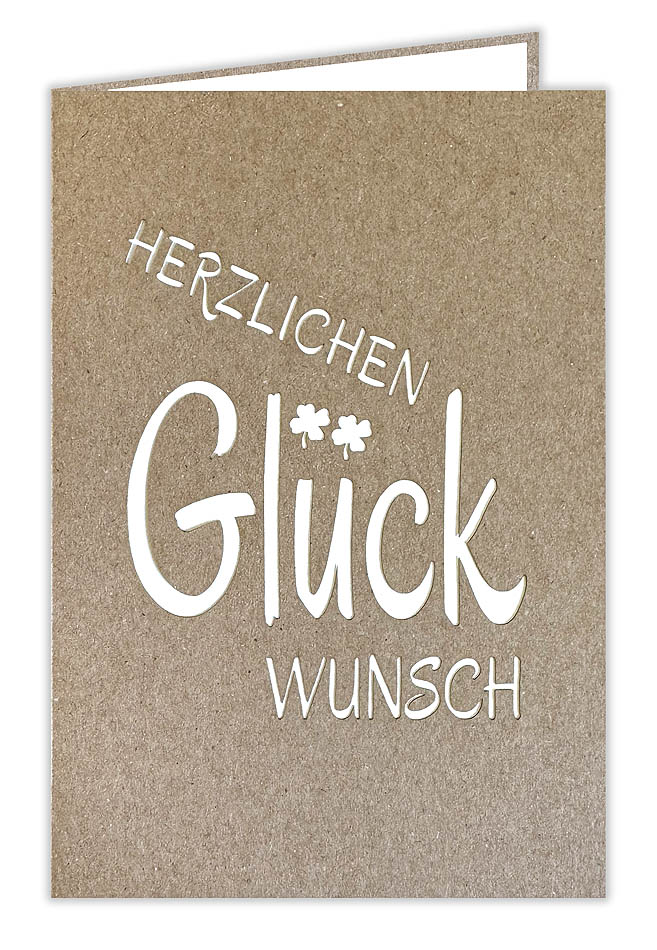 Naturbraune Glückwunschkarte aus Kraftpapier, im Hochformat, mit Ausstanzung "Herzlichen Glückwunsch" und Einlegeblatt 