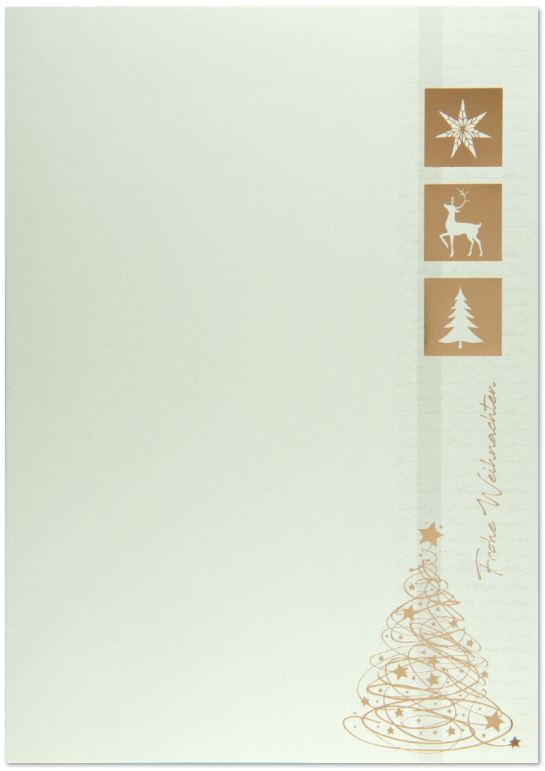 Weihnachts-Briefpapier DIN A4 in creme mit Goldfolienprägung weihnachtlicher Motive und Gruß