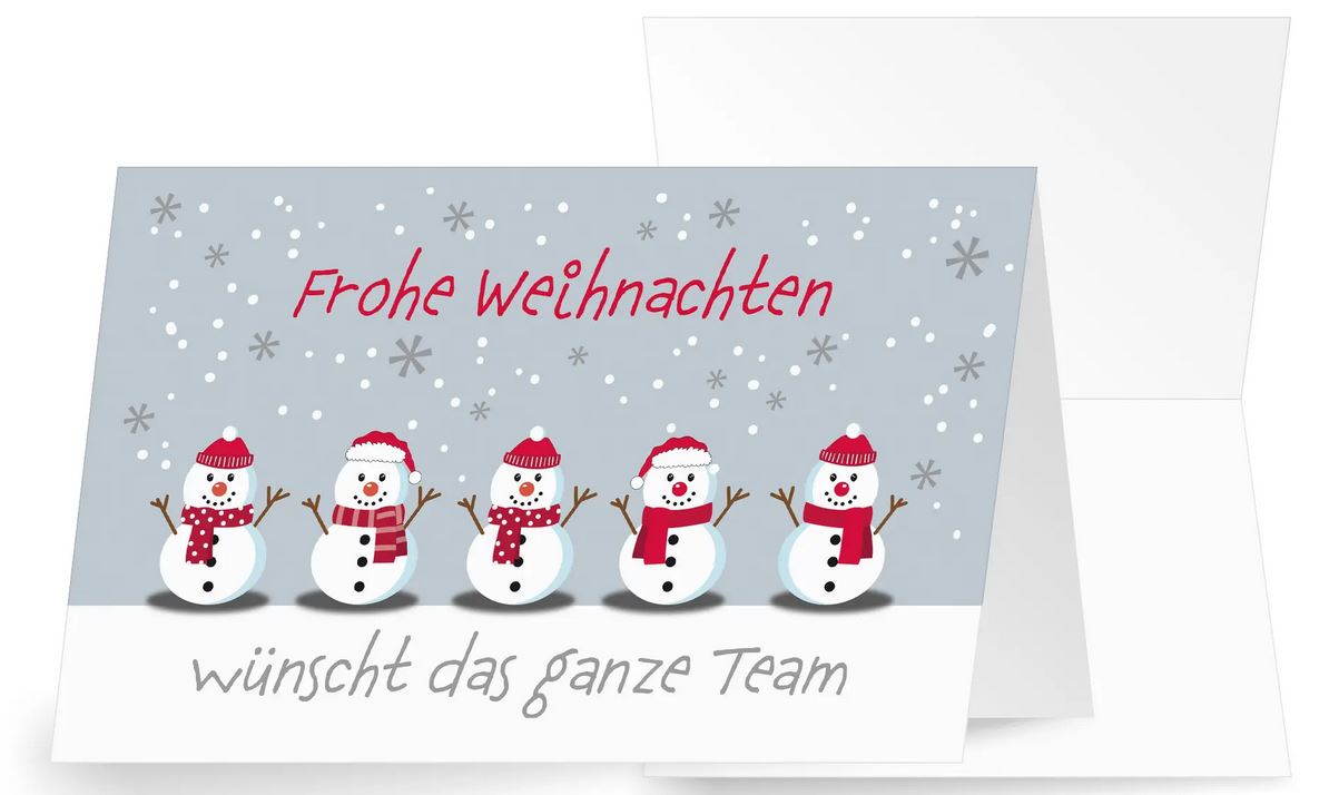 Winterliche Firmenweihnachtskarte mit Gruß vom ganzen Team und fröhlichen Schneemännern