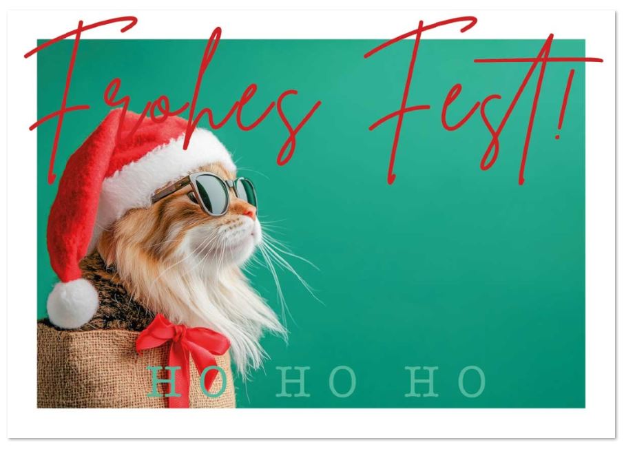 Tierischer Weihnachtsgruß mit cooler Weihnachtskatze "HO HO HO" und Schriftzug Frohes Fest
