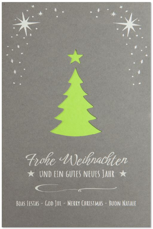 Graue Weihnachtskarte mit grünem Einlegeblatt und Briefumschlag sowie internationalen Grüßen