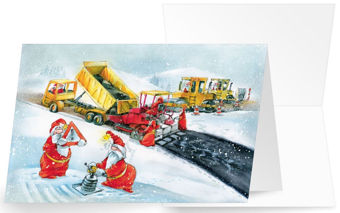 Bunte Weihnachtskarte passend für Bauunternehmen, Straßenbau und Asphalttechnik