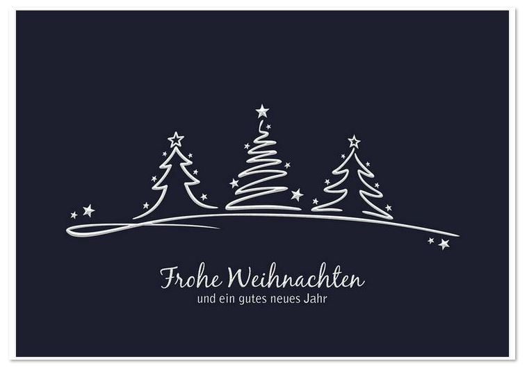 Elegante Weihnahctskarte in blau mit silbernen Weihnachtsbäumen, kleinen Sternen und Gruß