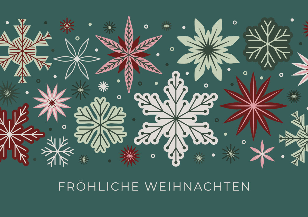 Grüne Spendenkarte im Retro-Stil mit Schneekristallen und "Fröhliche Weihnachten" 