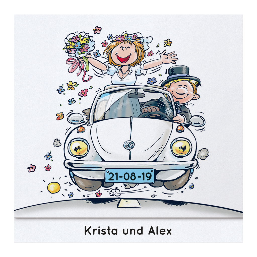 Humorvolle Comic-Karikatur Hochzeitskarte mit fröhlichem Brautpaar im VW-Käfer Cabrio