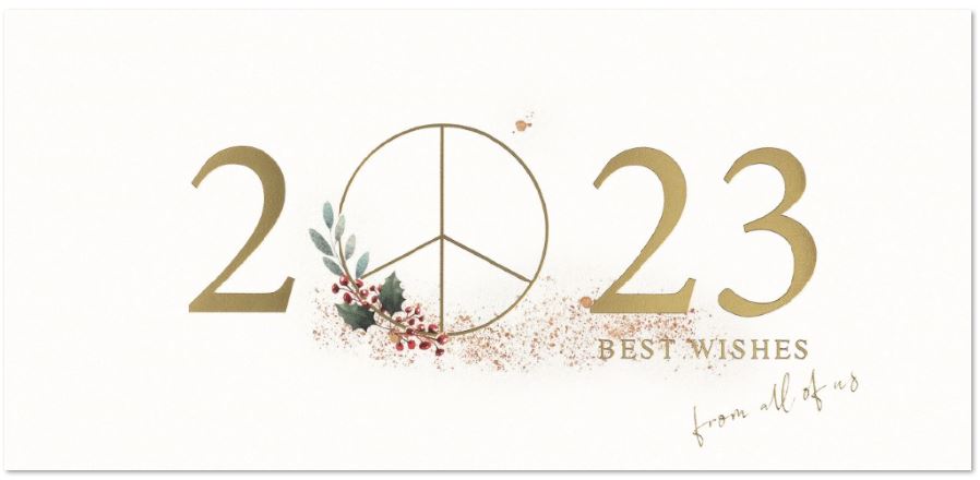 Neujahrskarte mit Friedensbotschaft Peace Zeichen und Jahreszahl 2023 in Goldprägung