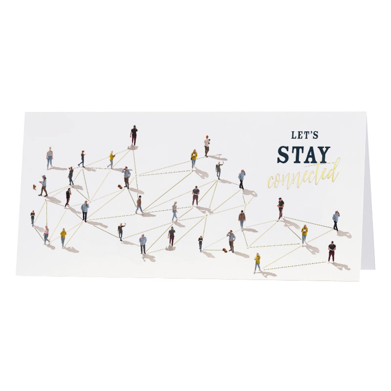 Moderne Firmengrußkarte DIN lang mit Slogan "Let´s Stay Connected" mit Personen und Linien