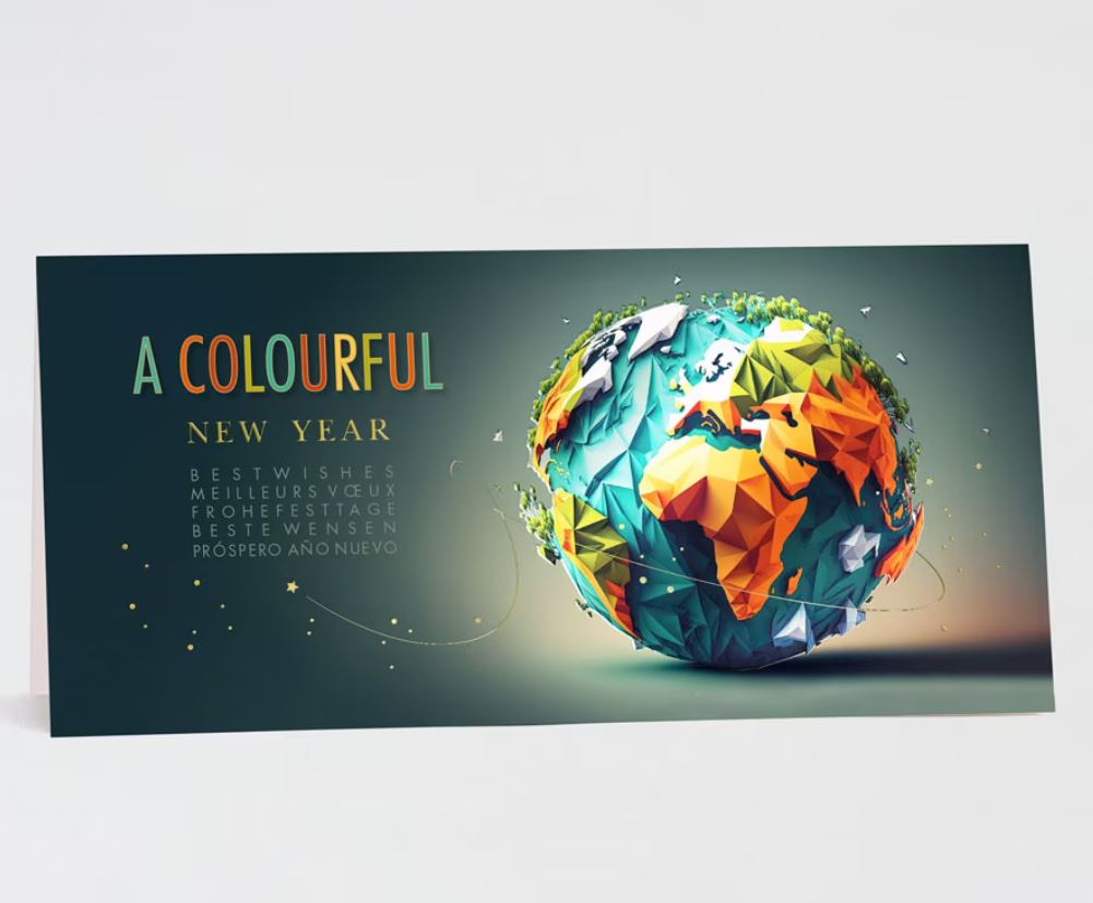 Farbenfrohe Neujahrskarte "A Colourful New Year" mit Weltkugel und internationalen Grüßen, DIN lang