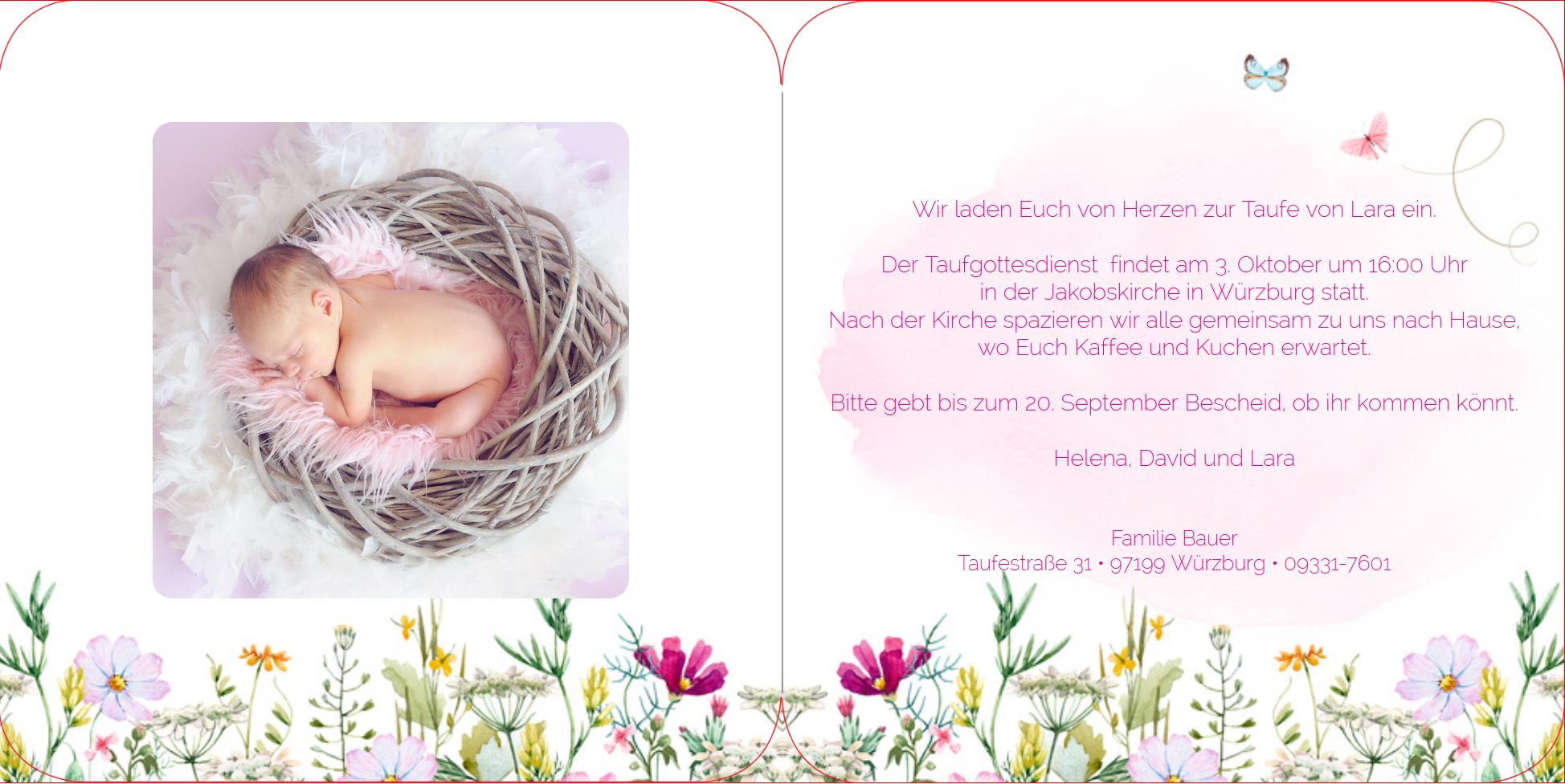 Taufeinladungskarte mit Wiesenblumen, Innenseiten mit Mustertext und Fotobeispieldruck 