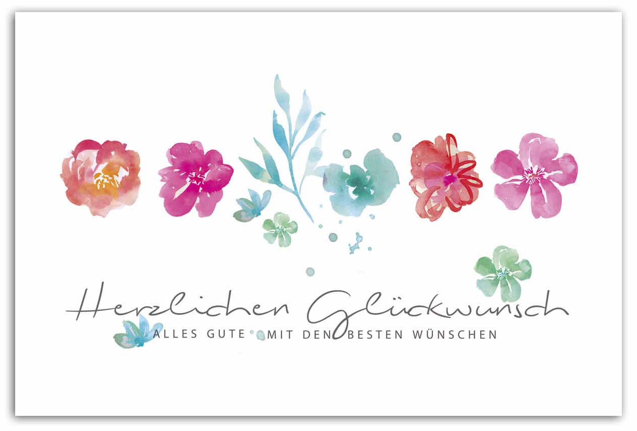 Blumige Glückwunschkarte mit Aquarellblüten und Glückwünschen für verschiedene Anlässe