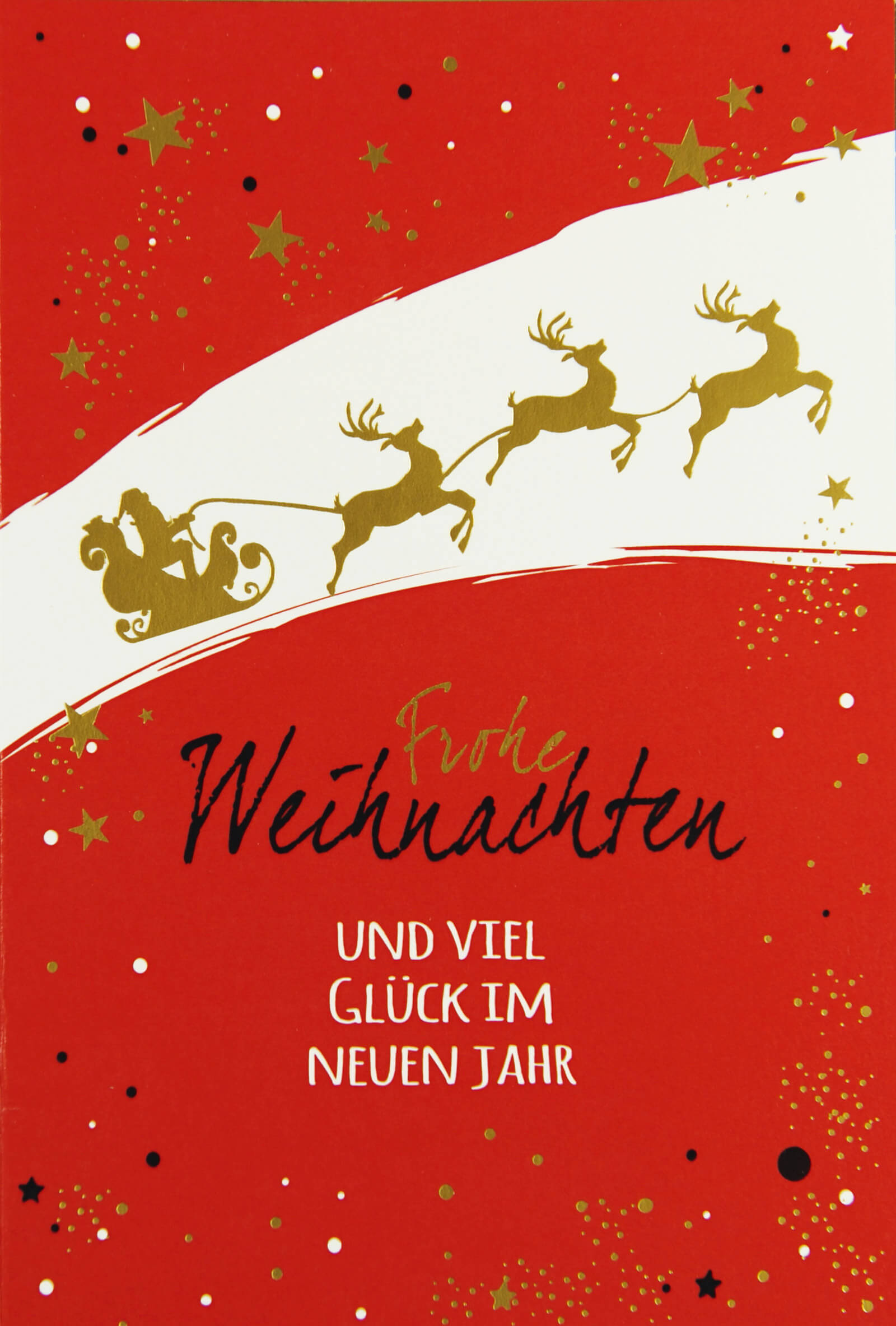 Rote Weihnachtsgrußkarte mit goldenen Sternen, Rentier und Schlitten sowie Weihnachtsgrüßen