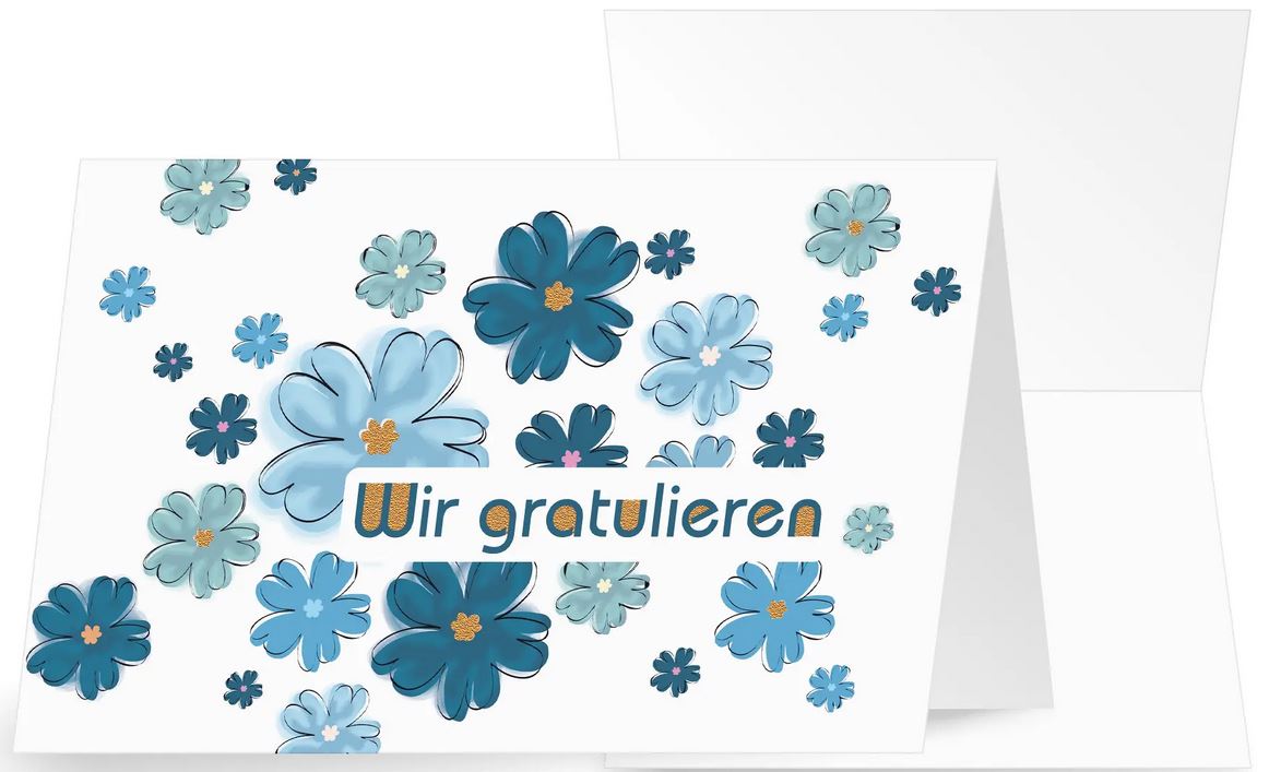 Florale Glückwunschkarte mit "Wir gratulieren" und blauen Blüten im Querformat