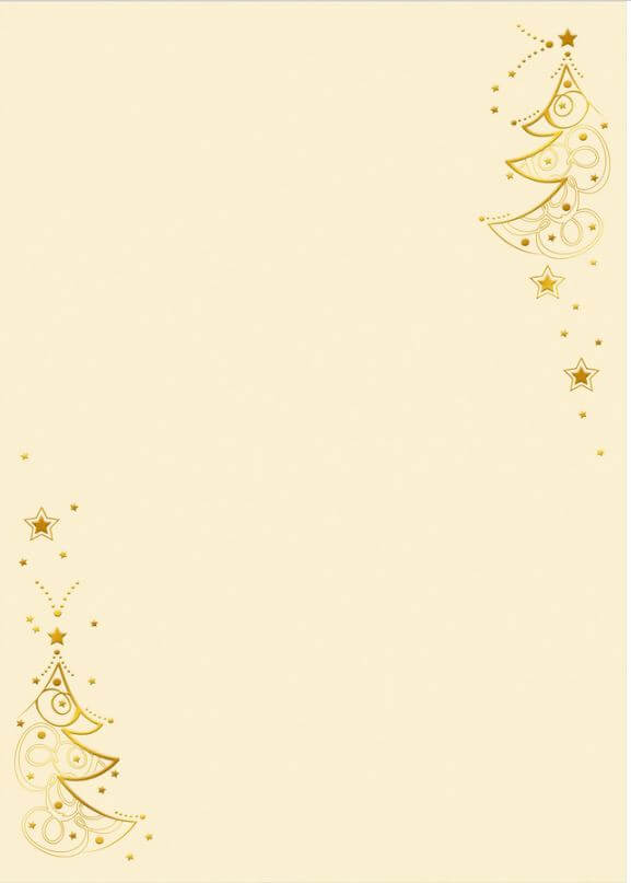 Cremefarbenes Weihnachtsbriefpapier mit Goldfolienprägung von Bäumen und Sternen