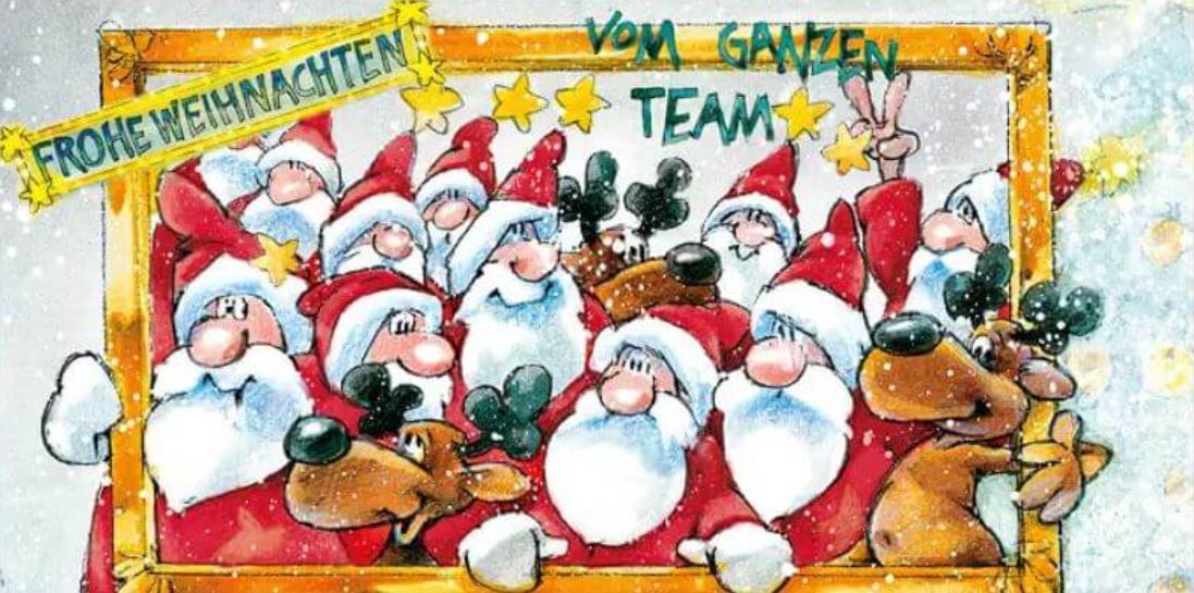 Humorvolle Team-Weihnachtskarte "Wir sind für Sie da" DIN lang mit Weihnachtsmännern