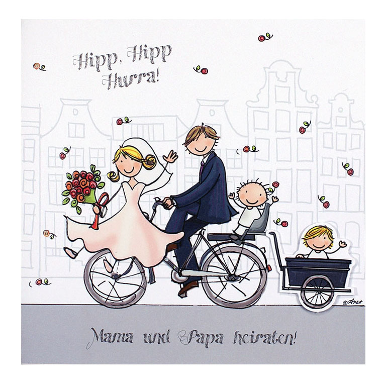 Witzige Hochzeitskarte mit Brautpaar auf einem Fahrrad und Kind im Kindersitz und im Anhänger