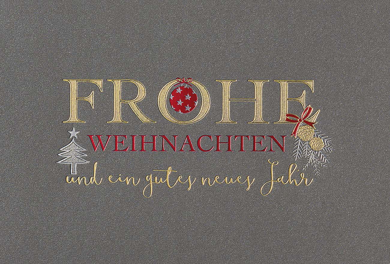 Graue Weihnachtskarte aus Metallic-Karton mit Weihnachtsgruß in edler Folienprägung 