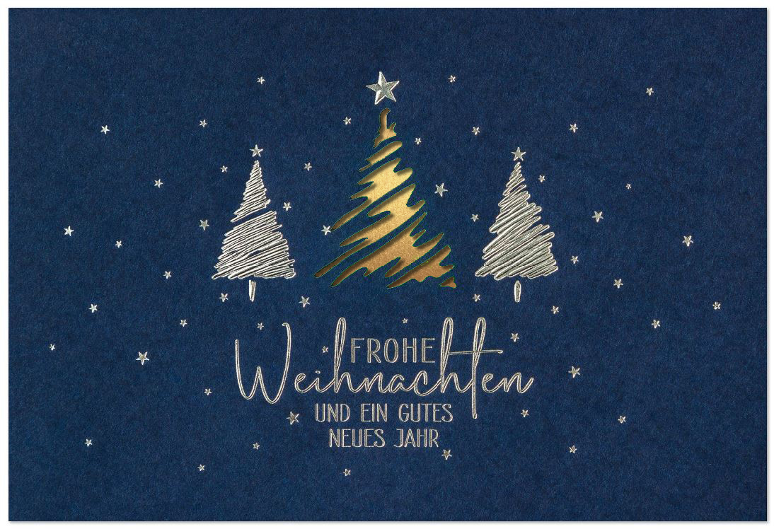 Blaue Weihnachtskarte mit Laserstanzung Baum und Silberfolienprägung, Einleger gold