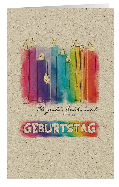 Nachhaltige Glückwunschkarte zum Geburtstag mit brennenden Kerzen in bunten Regenbogenfarben