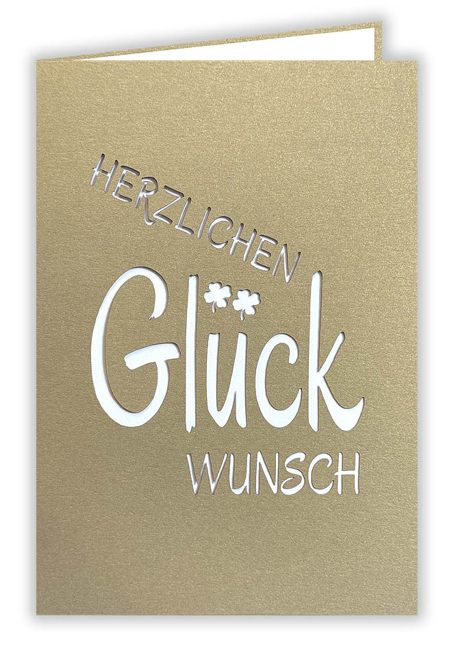 Goldene Glückwunschkarte aus Metallickarton, im Hochformat, mit Ausstanzung "Herzlichen Glückwunsch" und creme Einlegeblatt 