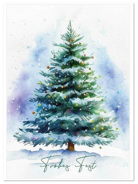 Aquarell-Weihnachtskarte mit verschneitem Tannenbaum und Weihnachtsgruß "Frohes Fest"