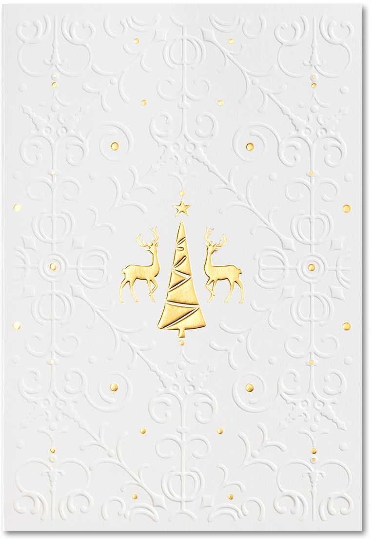 Weiße Weihnachtskarte mir Relief- und Goldfolienprägung - Ornament, Weihnachtsbaum und Rentiere