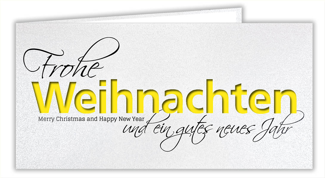 Weiße Weihnachtskarte mit Ausstanzung "Weihnachten" Schriftzug und gelb-/weißem Einlegeblaatt