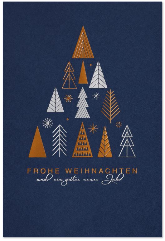 Blaue Weihnachtskarte mit Silber- und Kupferfolienprägung, inkl. Einlegeblatt und Briefumschlag