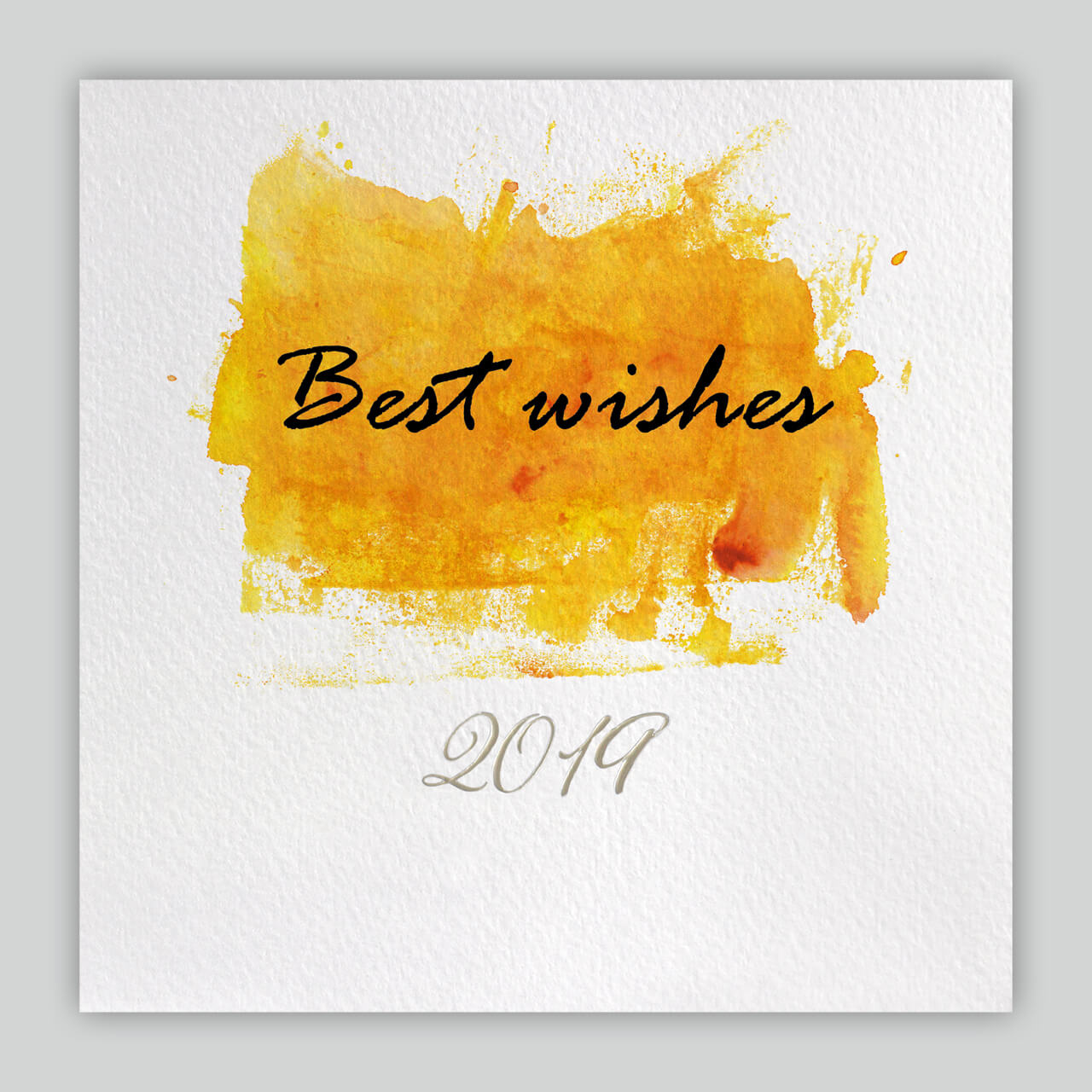 quadratische Neujahrs-Grußkarte mit Schriftzug "Best wishes" auf orangener Aquarell-Fläche