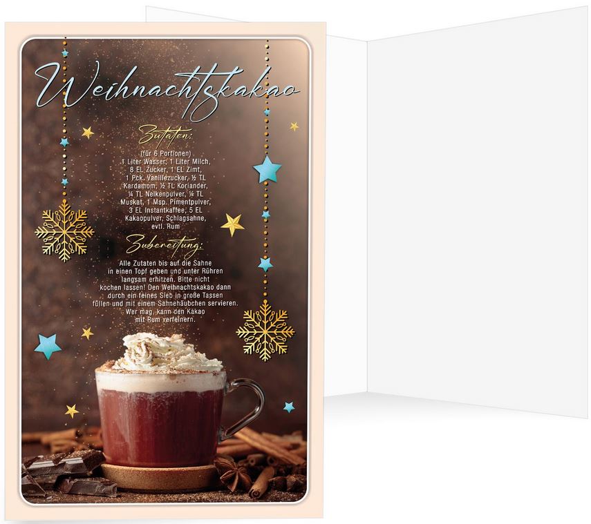 Rezept-Weihnachtskarte mit Zubereitung und Zutaten für leckeren Weihnachtskakao