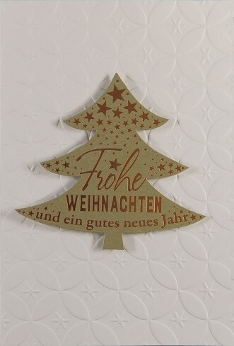 Weiße Weihnachtskarte mit Ornamentprägung und Baum-Appliatkion