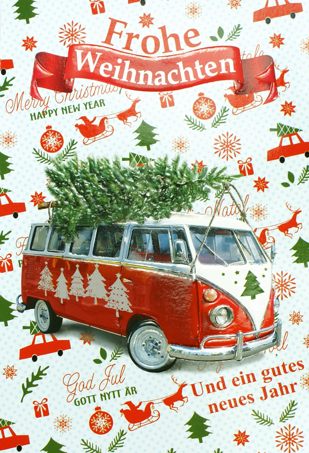 Originelle Weihnachtskarte mit vielen weihnachtlichen Symbolen und VW-Bus mit Weihnachtsbaum