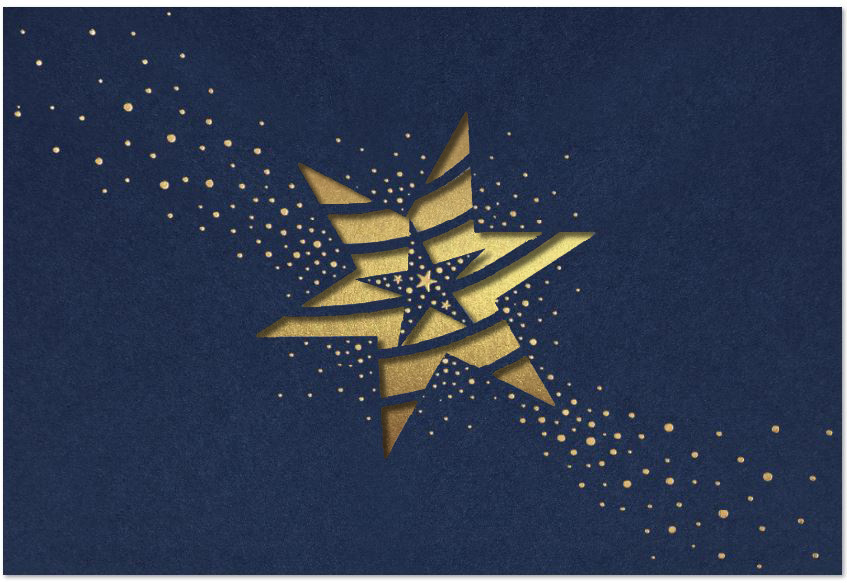 Festliche Weihnachtskarte in blau mit Stern, goldenen Punkten und Einlegeblatt in gold