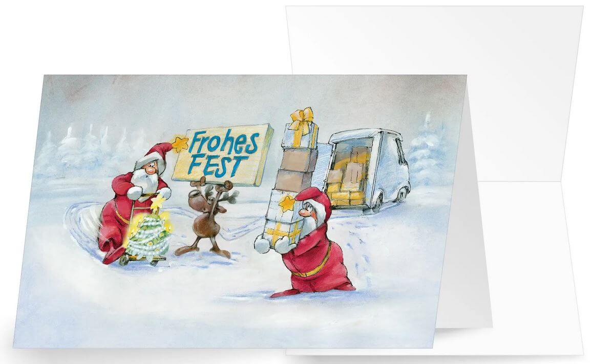 Lustige Weihnachtskarte mit "Frohes Fest" für Kurierdienst, Paketzusteller und Logistik aller Art