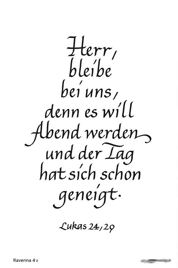 Rückseite der Trauerbildchen mit Calligraphie-Spruch "Herr, bleibe bei uns denn es will Abend werden und der Tag hat sich schon geneigt. Lukas 24, 29