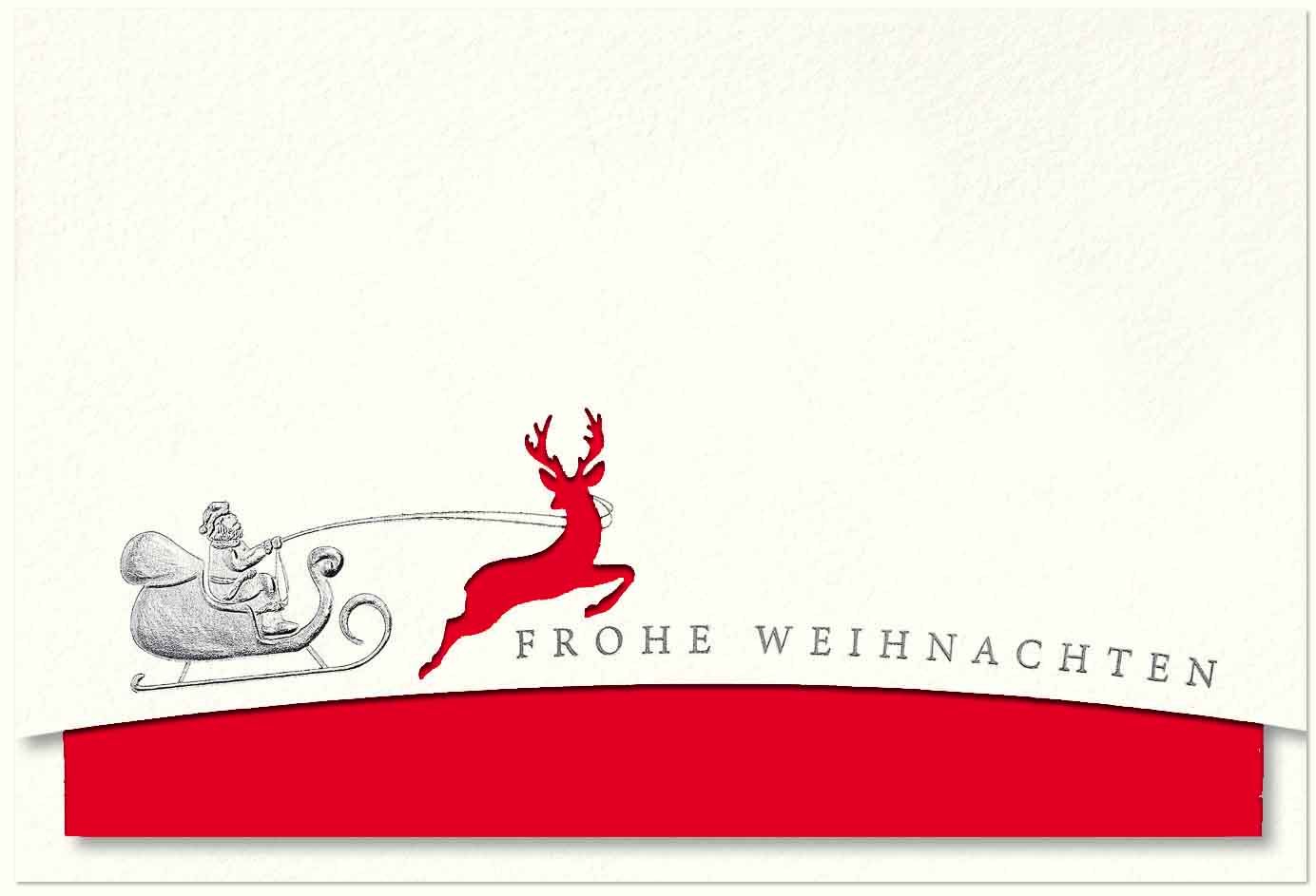 Naturweiße Weihnachtskarte mit springendem Hirsch, Stanzung und roten Einleger