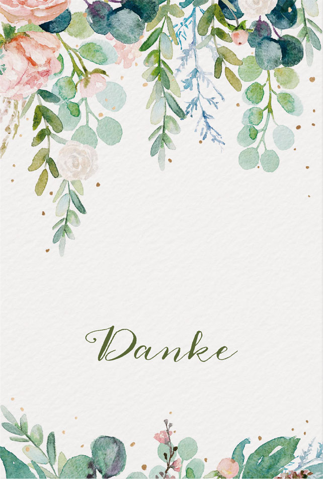 Blumige Dankkarte mit Blättern und Rosenblüten auf Aquarellkarton