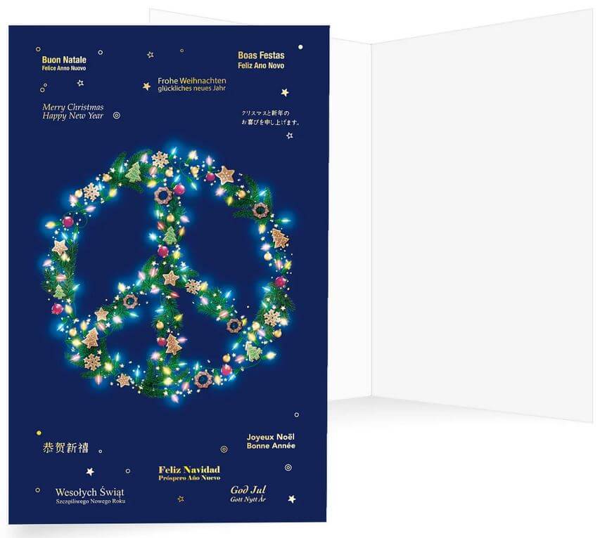 Mehrsprachige Spenden-Weihnachtskarte mit Peace-Zeichhen für Ärzte ohne Grenzen