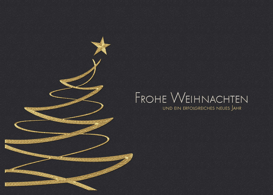 Anthrazitfarbene Weihnachtskarte mit geschäftlichen Weihnachtsgrüßen und goldenem Baum